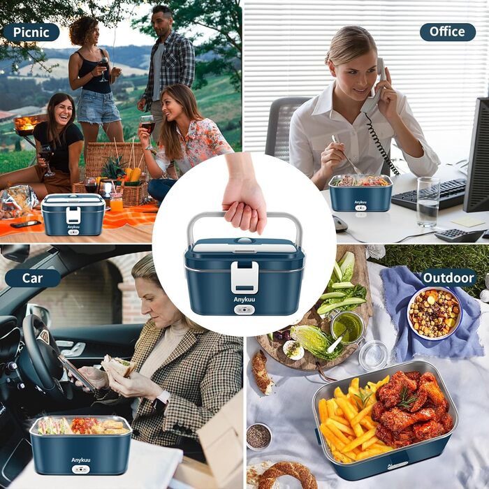 Електричний ланч-бокс 100 Вт 1,8 л 3-в-1 12 В/24 В/220 В з підігрівом, портативний для автомобіля/вантажівки/офісу/дому з виделкою та ложкою, синій