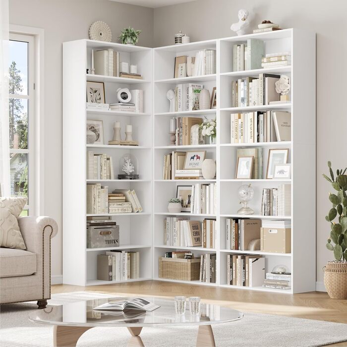 Книжкова полиця FirFurd, полиця з 7 відділеннями, книжкова шафа, окремостояча полиця, полиця для зберігання, для вітальні, офісу, спальні, 209,5 x 60 x 23,5 см, білий