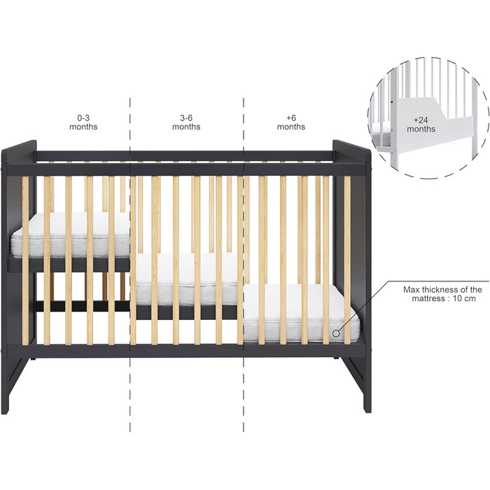 Дитяче ліжечко/спальне місце Love For Sleep 120x60 см із захисним бар&39єром, трансформоване, дитяче ліжко Tokyo кольору антрацит-сосна, дерев&39яне дитяче ліжко - Дитяче ліжко, трансформоване ліжечко, чорне