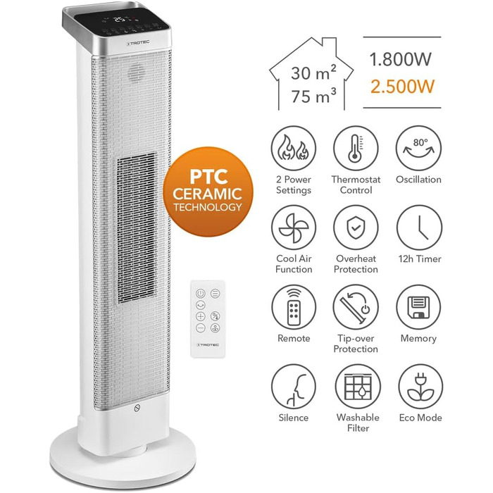 Керамічний тепловентилятор TROTEC TFC 25 E - Теплова потужність 1800 Вт / 2500 Вт - Обігрівач з термостатом, розмір приміщення від