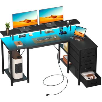 Письмовий стіл Rolanstar з 4 шухлядами та 3 полицями, комп&39ютерний стіл з розетками та світлодіодним освітленням, L-подібний ігровий стіл для спальні, вітальні, домашнього офісу, офісу (чорний, 140 см) Чорний 140 см