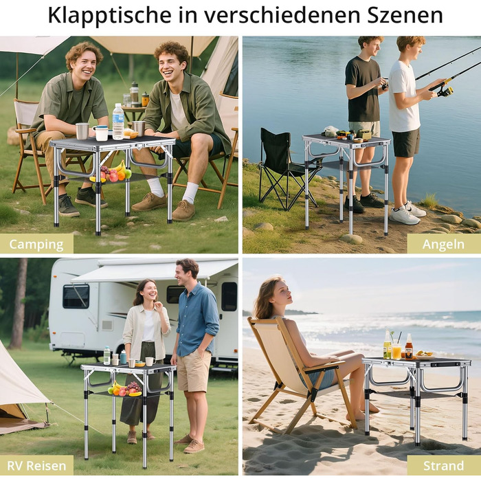 Стіл для кемпінгу Anbte, розкладний стіл 60x40 см, алюмінієва рама з 3 регульованими висотами 26/48/70 см, стіл для пікніка з сіткою для зберігання, портативний багатофункціональний стіл для кемпінгу, пляжу, балкону (чорний) сірий