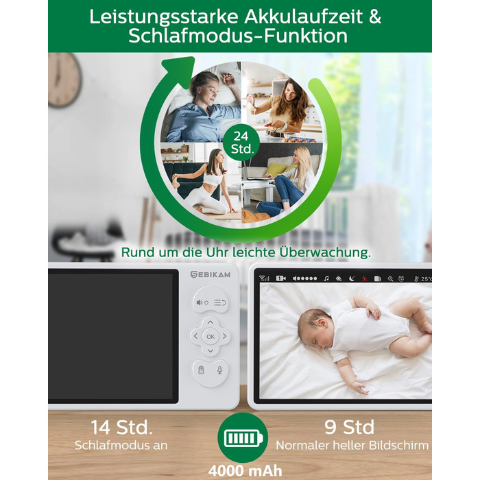 Дюймовий радіоняня Sebikam з 2 камерами, екран HD 720P, відеоняня, батарея 4000 мАг, відеоняня PTZ 355, режим VOX, нічне бачення,