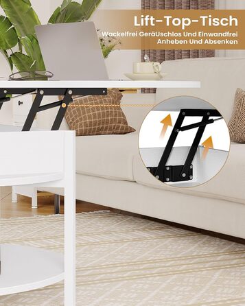 Круглий журнальний столик з підйомною стільницею, журнальний столик з регульованою висотою, бічний столик, стіл для вітальні з прихованим місцем для зберігання, відкритий відсік, металевий каркас, для вітальні, офісу, 70 x 70 x 50 см, білий.