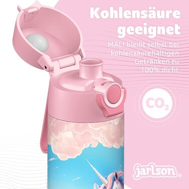 Дитяча пляшка для пиття Jarlson MALI з нержавіючої сталі ТЕРМОС - Герметична дитяча пляшка для пиття - Підходить для газованих напоїв - Пляшка для пиття для школи та дитячого садка (500 мл, рожевий єдиноріг) 500 мл рожевий єдиноріг