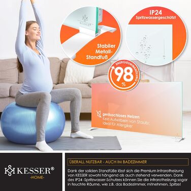 Інфрачервоний обігрівач KESSER 600 Вт, скляний конвектор, енергозберігаючий, 2-в-1, окремостоячий та настінний електричний обігрівач з датчиком відкритого вікна дистанційним керуванням та керуванням через додаток, термостат, нагрівальна панель 600 Вт, біл