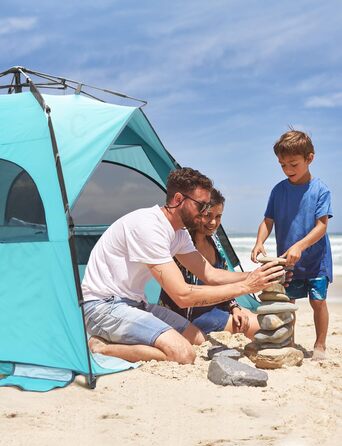 Пляжний намет Glymnis Quick Up, автоматичний пляжний намет, захист від ультрафіолету 50, вітрозахисний, невеликий розмір у упаковці, синій, пляжний намет для 4-6 осіб, синій зі срібним вінілом