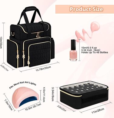 Мішечок для зберігання лаку для нігтів, двошаровий органайзер для 70 флаконів (до 15 мл), портативний мішечок для сушарок для нігтів, ламп для нігтів та аксесуарів для лаків - чорний