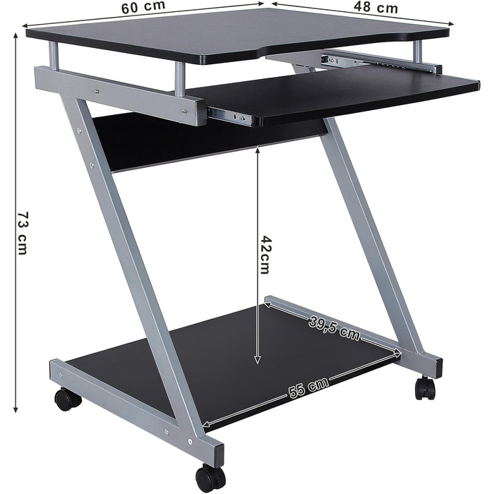 Стіл VASAGLE, комп'ютерний стіл на 4 коліщатках, 2 з яких з гальмами, шухляда для клавіатури з плавним ходом, простий у збірці Z-п