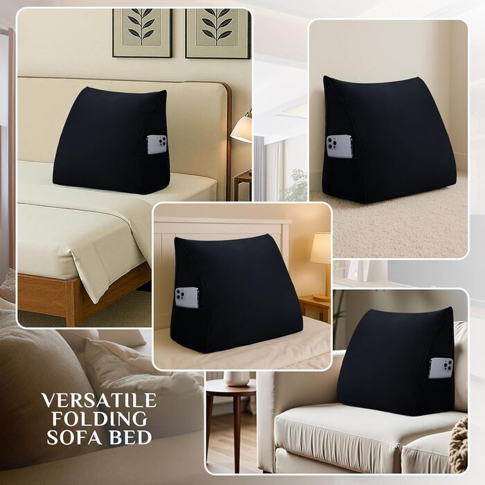 Оксамитова клиноподібна подушка для узголів&39я ліжка - Трикутна спинка для комфортного читання та сидіння (Чорна, 45x20x35 см) Чорний 45x20x35 см