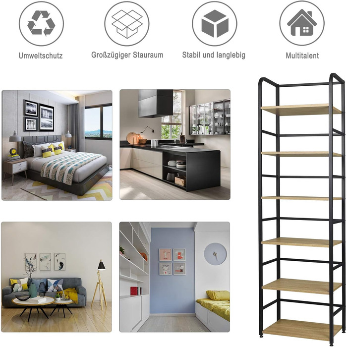 Окремостояча полиця WOLTU, металева полиця, книжкова шафа, полиця для зберігання, полиця для сходів, полиця для ванної кімнати, кухонна полиця, кутова полиця, полиця для сходів, полиця для сходів, висока полиця, 6 полиць, 50x176x30 см, світлий дуб RGB11he