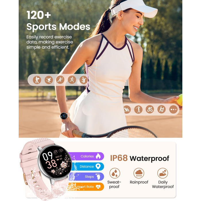 Жіночий круглий смарт-годинник, фітнес-годинник з функцією телефону, 24-годинний монітор серцевого ритму, відстеження SpO2, відстеження менструального циклу, понад 120 спортивних режимів, відстеження сну, водонепроникність IP68, крокомір, сумісний з iOS/A