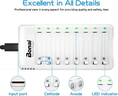 Зарядний пристрій BONAI для акумуляторів AA AAA NI-MH NI-Cd зі світлодіодним дисплеєм, швидкий зарядний пристрій UAB з батарейками AAA 1100mAh, 8 шт., зарядний пристрій 8AAA