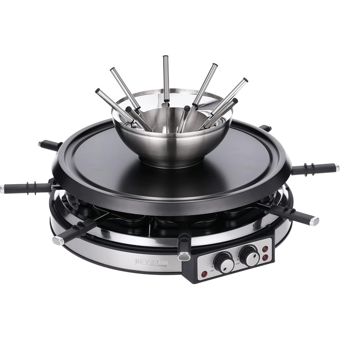 Комбінація SEVERIN Raclette-fondu, 1900 Вт, раклет на 8 осіб з каменем для гриля, комбінація раклету і фондю 2 в 1 з 8 сковородами, скребками і виделками для фондю, RG 2348