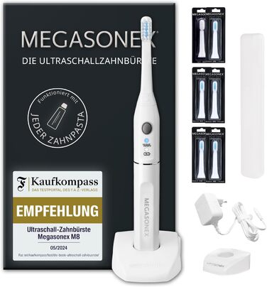 Набір ультразвукової зубної щітки MEGASONEX M8 - з 2 рівнями вібрації - також включає 4 насадки для щітки середнього розміру