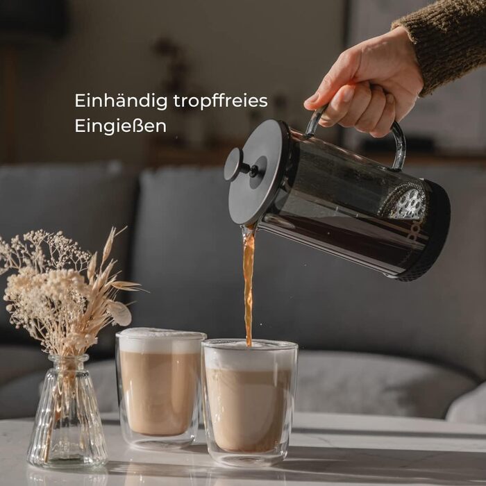 Скло френч-прес Doli 1 л, кавоварка на 1-6 чашок, тонкий фільтр з нержавіючої сталі для чистого аромату, вогнетривкий і безпечний для миття в посудомийній машині, в т.ч. дозуюча ложка (чорна)