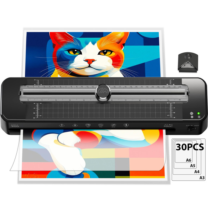 Ламінатор A3 з системою захисту від застрягання ABS, ламінатор з 30 аркушами ламінувальних пакетів для A3, A4, A5, A6 - Універсальний гарячий/холодний ламінатор для офісу, дому та школи