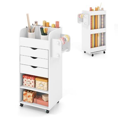 Контейнер на колесах COSTWAY з 3 шухлядами, візок для рукоділля з 2 коліщатками та 3 відділеннями, дерев&39яна шафа з шухлядами на колесах, багатоцільовий візок на колесах для офісу/кабінету (білий)