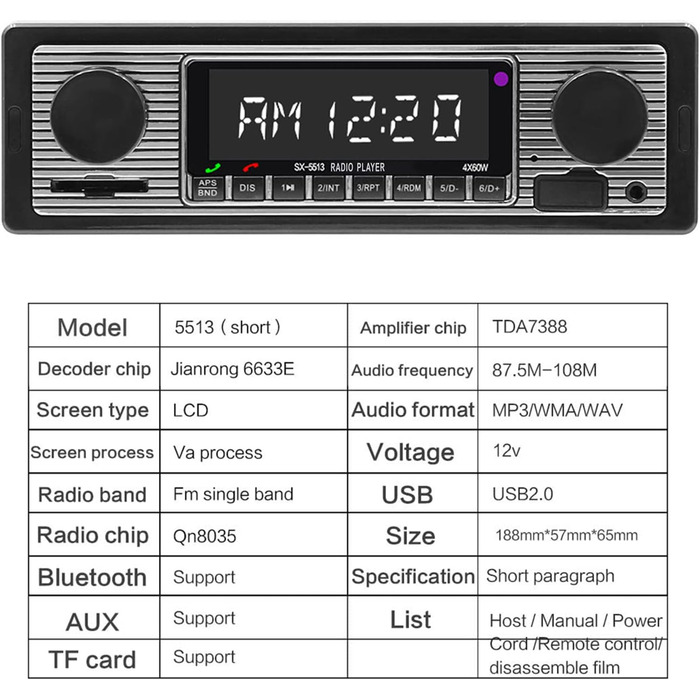 Автомобільна стереосистема Yolispa, автомобільна стереосистема Bluetooth з портом USB/SD/AUX, 4 x 60 Вт автомобільна аудіосистема FM-радіо, цифровий MP3-плеєр, автомобільна стереосистема з Bluetooth 01