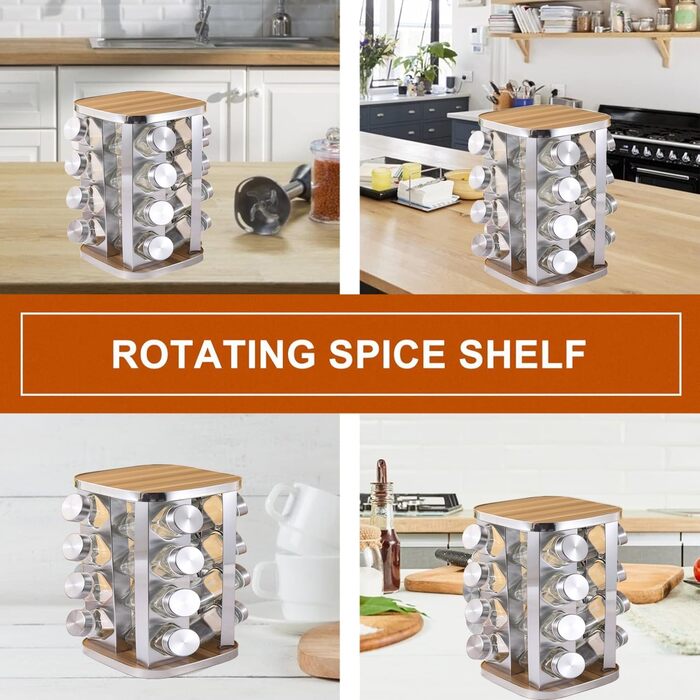 Обертова на 360 підставка для спецій з нержавіючої сталі з 16 баночками для спецій карусельний органайзер для спецій для кухні, дерев&39яна та скляна підставка для спецій, поворотний стіл компактна, стійка до іржі, без бісфенолу А, срібляста