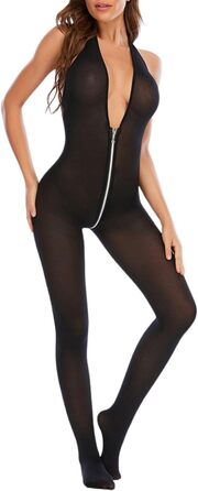 Жіночий сітчастий бодістокінг, з блискавкою, чорний, глибокий V-виріз