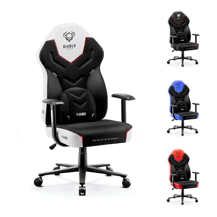 Геймерське крісло Diablo X-Gamer 2.0, офісне крісло, тканинний чохол, ергономічний дизайн, поперекова подушка, м&39яка накладка (чорно-білий), чорно-білий, 128 см x 68 см x 55 см