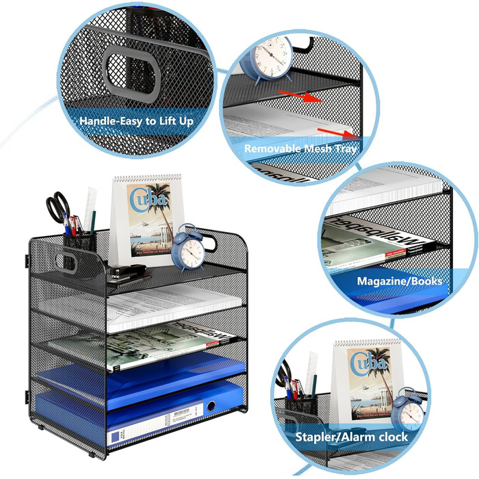 Настільний органайзер для листів 5 відділень Металевий лоток для документів A4 Лоток для паперу Тримач для журналів Аксесуар-органайзер для офісу, дому, школи, чорний