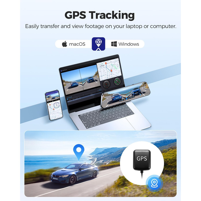 З камерою заднього виду, автомобільною камерою з Wi-Fi, 64 ГБ картою, подвійним дзеркалом IPS з сенсорним екраном, циклічним записом і G-сенсором, нічним баченням WDR, моніторингом паркування, GPS, 12&39 PG17 4K Mirror Dash Cam