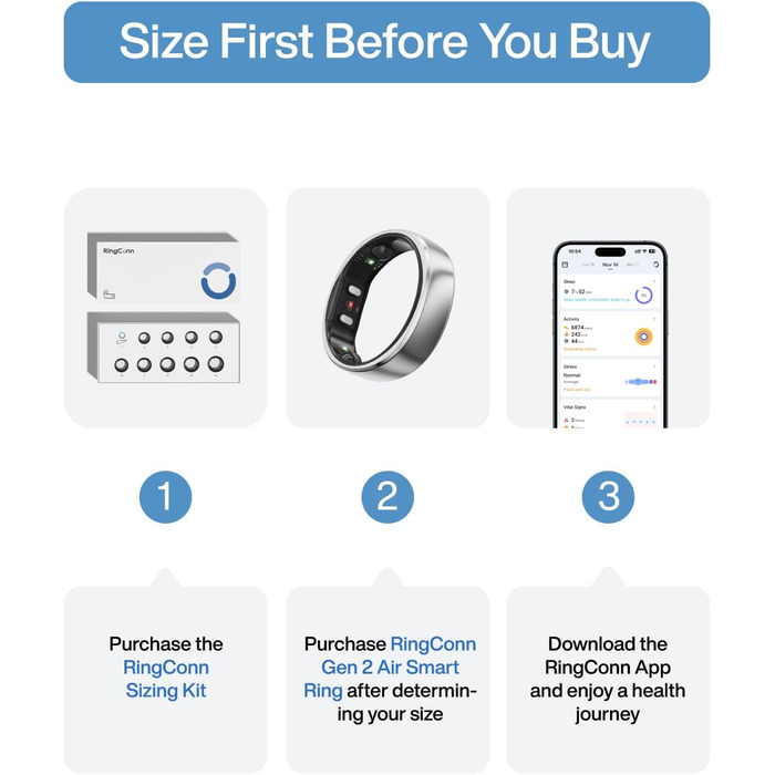 Надтонке смарт-кільце зі штучним інтелектом, 10-денний час роботи від батареї, трекер сну/стресу/серцевого ритму, смарт-кільця для чоловіків, водонепроникність IP68, сумісність з iOS та Android (Galaxy Silver, 8) 8 Silver, 2 Air