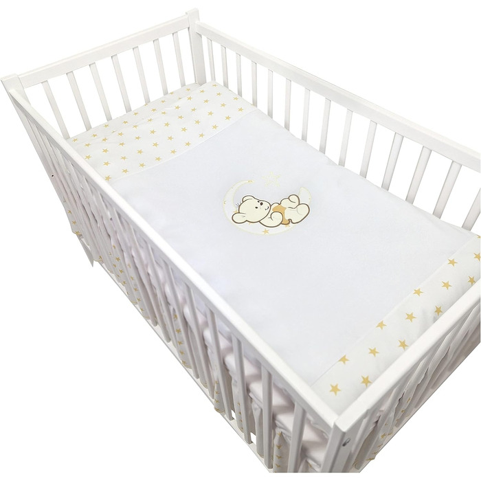 Предметний комплект дитячого ліжечка/колиски та постільної білизни Happy Leo, включаючи матрац з регульованою висотою для новонароджених, немовлят та малюків, з вишивкою (ведмедик, місяць, золоті зірки), 13-