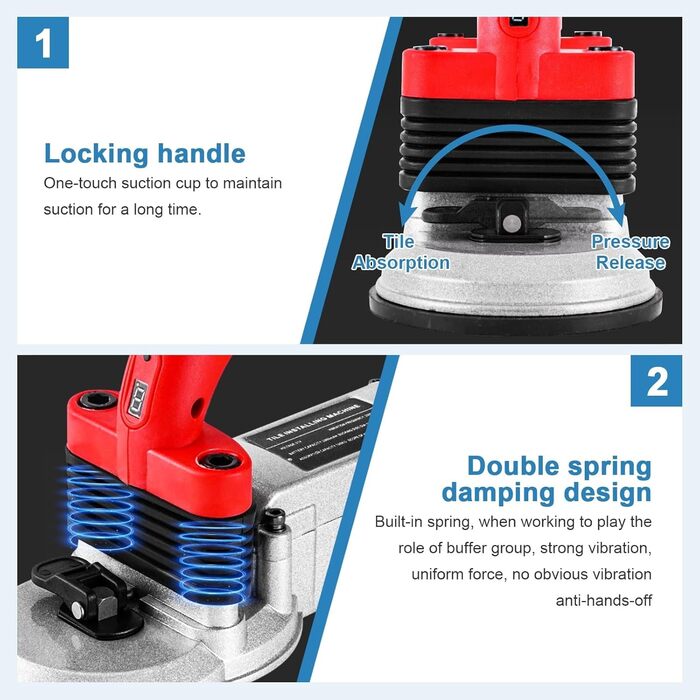Акумуляторний віброінструмент для плитки, вібратор для плитки, цифровий дисплей, штукатурний інструмент для вирівнювання плитки з 6 швидкостями, машина для плитки з подвійною присоскою, для настінної та підлогової плитки 60-180 см.