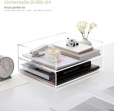 Лоток для листів SANRUI з 2 частин формату A4, що штабелюється, альбомний формат, виготовлений з акрилу, міцний органайзер для столу для офісу та дому, сучасні відділення для зберігання, прозорий кошик для зберігання 31,5 x 22,5 x 13,5 см 31,5 x 22,2 x 13