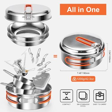 Набір посуду для кемпінгу Odoland, набір для приготування їжі з нержавіючої сталі з антипригарним покриттям, що включає тарілки, миски, виделки, ножі та ложки для походів, кемпінгу, піших прогулянок та пікніків. 15-предметний набір посуду для кемпінгу з н