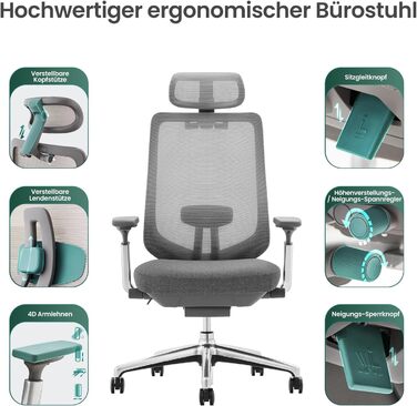 Ергономічне офісне крісло COLAMY XK Atlas, сітчасте крісло керівника з регульованим підголівником, комп&39ютерне крісло, поворотне крісло з 4D підлокітниками, алюмінієва основа/розсувне сидіння/фіксатор нахилу, темно-сірий колір