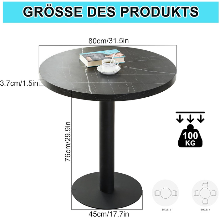 Круглий обідній стіл Mingone, маленький кухонний стіл з мармуровою стільницею та металевими ніжками, 80x80 см, чорний
