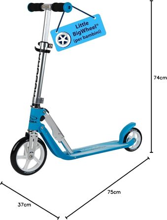 Дитячий самокат HUDORA Little BigWheel безпечний алюмінієвий міський самокат для дітей від 3 років, регульована висота, складаний механізм, навантаження до 100 кг, великі колеса, небесно-блакитний