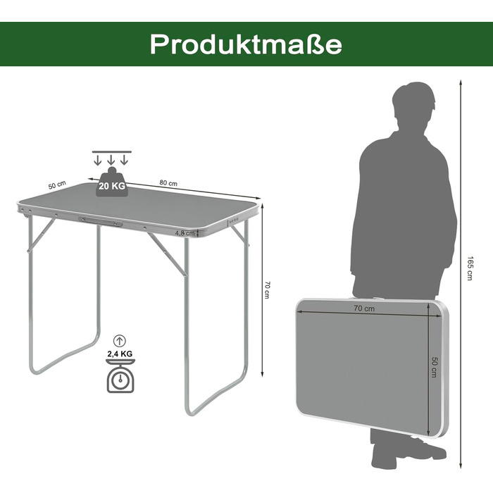 Туристичний стіл, Розкладний стіл для балкону, Бічний столик, Розкладний балконний стіл, Розкладний стіл, Садовий стіл з ручкою, Виготовлений з МДФ та металу, 80x50x70 см, Сірий