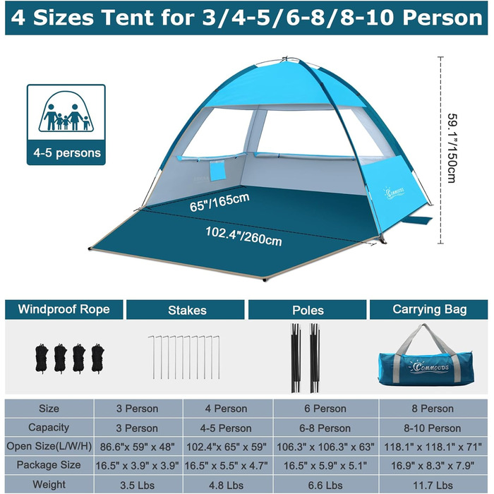 Пляжний намет COMMOUDS для 3-4 осіб, портативний пляжний намет із захистом від ультрафіолету 50, сімейний пляжний намет від сонця з 3 сітчастими вікнами, швидке складання, зручна парасолька для перенесення, для використання на вулиці 3 особами, синій