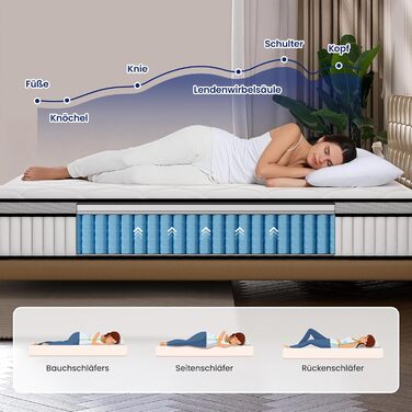 Матрац BedStory 90x200 см, пружинний матрац Pocket Spring, висота 31 см, ортопедичний матрац з комфортною піною, рівні жорсткості H3 та H4, пружинний матрац для дорослих, сертифікований ko-Tex та CertiPUR, 90x200 см, 31 см