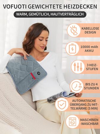 Бездротова ковдра з підігрівом Vofuoti з акумуляторною батареєю, 10000 мАг, нагрівальна подушка для спини з 3 режимами нагріву, електрична нагрівальна подушка для спини, плечей, живота, шиї, ніг, колін, можна прати в пральній машині, подарунок на День мат