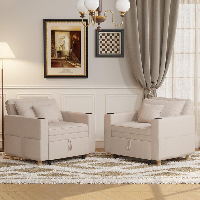 Диван-ліжко YODOLLA 97 см надзвичайно широкий, крісло-ліжко 3-в-1 з функцією ліжка, регульованою спинкою, підстаканниками, крісло-ліжко з місцем для зберігання речей та функцією сну для вітальні, бежевий 97 см надзвичайно широкий, складання за 10 хвилин, 