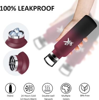 Пляшка для води з нержавіючої сталі, термос 750 мл, без BPA, ізольована пляшка з трубочкою, двостінна ізольована пляшка, герметична спортивна пляшка для води, для походів, фітнесу, йоги, кемпінгу, Rojo-negro 750 мл