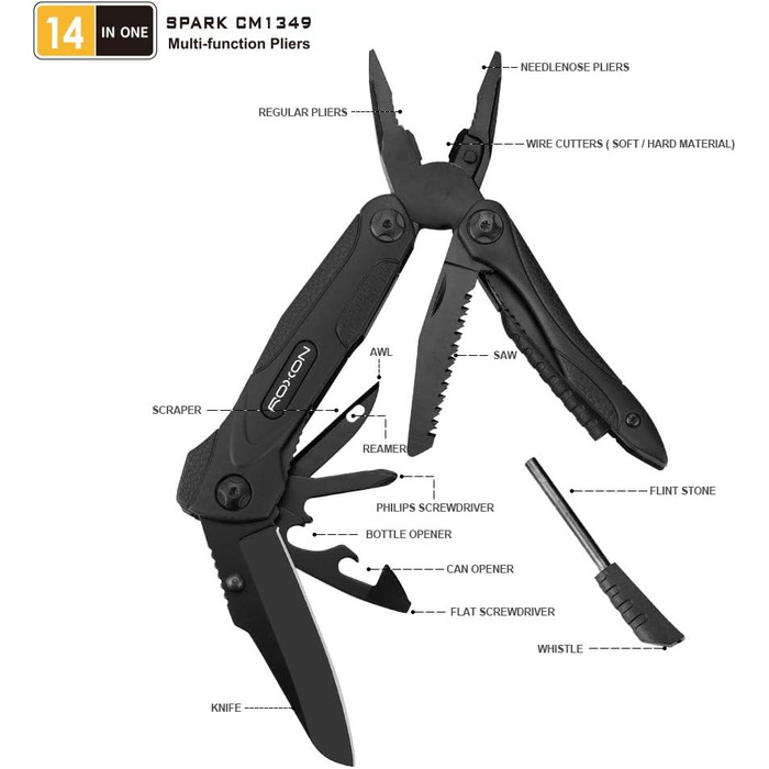 Плоскогубці ROXON CM1349 Spark Multitool, складні плоскогубці Multitools 14-в-1, багатофункціональний портативний набір мультиінструментів для виживання на природі