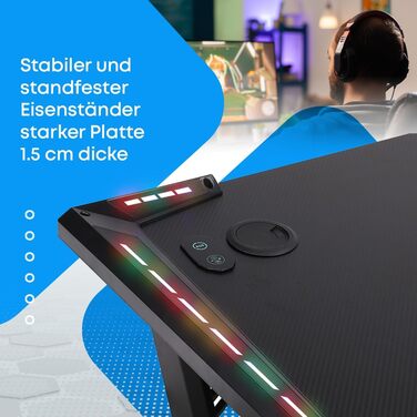 Ігровий стіл NK зі світлодіодним освітленням (120x60 см) - з тримачем для напоїв та пляшок, тримачем для навушників, органайзером для кабелів, стільниця товщиною 1,5 см (максимальне навантаження 100 кг), білий колір