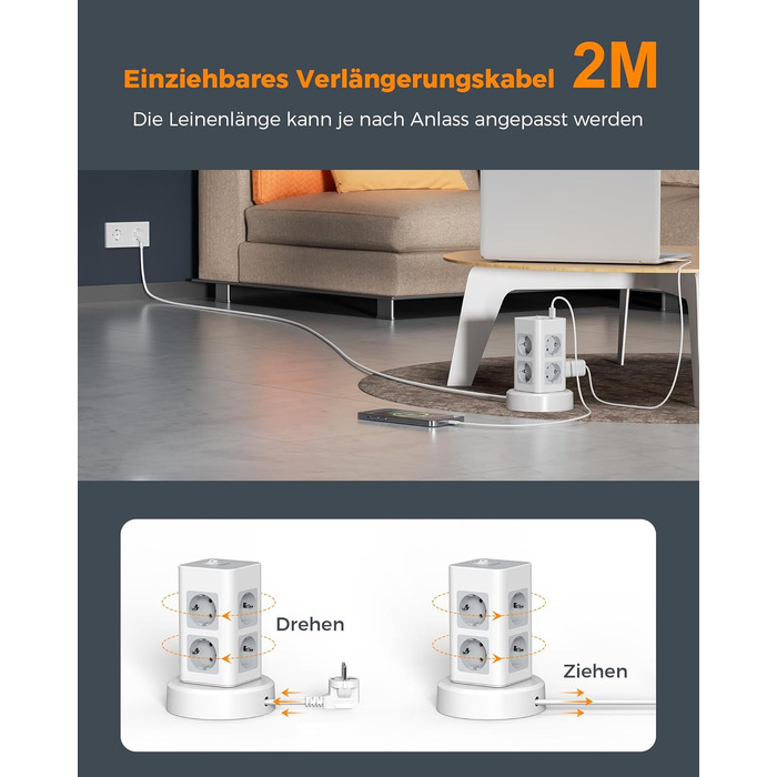 Розетка TESSAN на кілька штепсельних розеток з USB, розетка на 8 відділень з висувним подовжувачем, розетка на кілька штепсельних