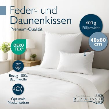 Пухова подушка Beautissu 40x80 80x80 Пухова та пір&39яна подушка, 100 зроблено в Німеччині Пухова подушка 40 x 80 см Сертифіковано Oeko-Tex, Downpass та Nomite Можна прати та сушити в сушильній машині FK 40x80 см (1 упаковка)