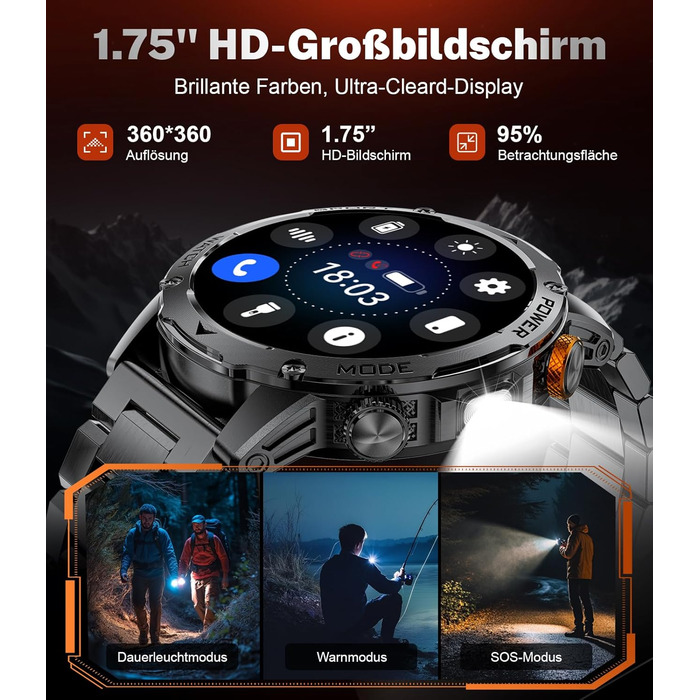 Чоловічий військовий смарт-годинник - акумулятор 1000 мАг/великий HD-дисплей 1,75 дюйма, смарт-годинник з ліхтариком/дзвінками через Bluetooth/130 спортивних режимів, водонепроникний фітнес-годинник IP68 з монітором серцевого ритму/сну, для Android iOS EF