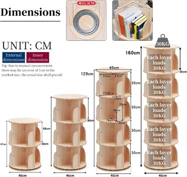 Поворотна книжкова полиця, стояча полиця, 360 градусів, полиця для зберігання в бібліотеці, спальні, вітальні, багатофункціональна книжкова полиця з масиву дерева (5 полиць)