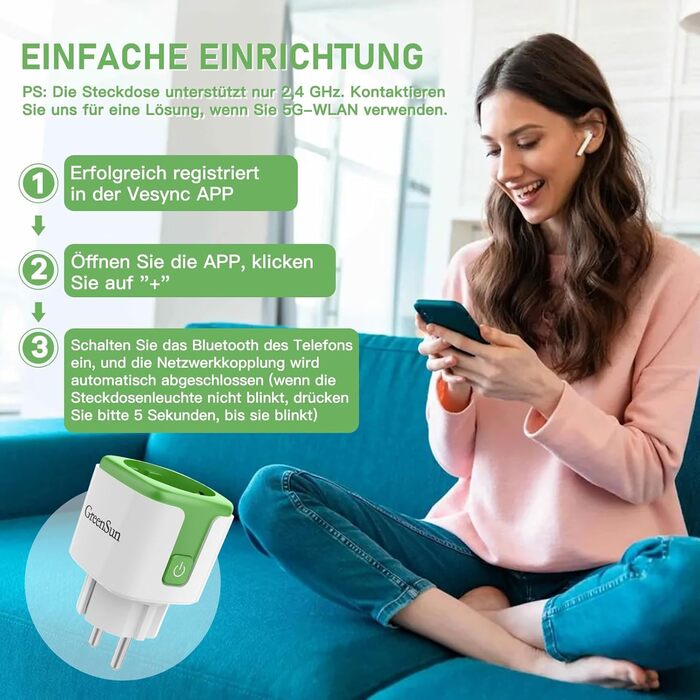 Розетка WLAN з вимірюванням потужності - додаток GreenSun VeSync Розетка WLAN Таймер Розетка Вимірювач вартості електроенергії Голосове керування за допомогою таймера/розкладу Alexa Розетка Wi-Fi 16A