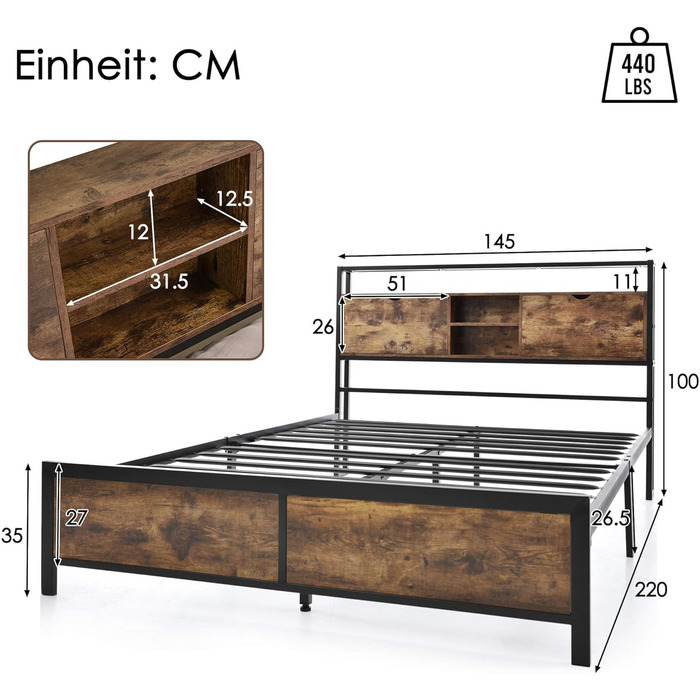 Металеве двоспальне ліжко HYUB 140 x 200 см з узголів&39ям для зберігання речей, ліжко з рейковою основою та металевим каркасом, дитяче ліжко з великим місцем для зберігання речей під ліжком, для спальні/гостьової кімнати 140x200 см - матрац не входить до